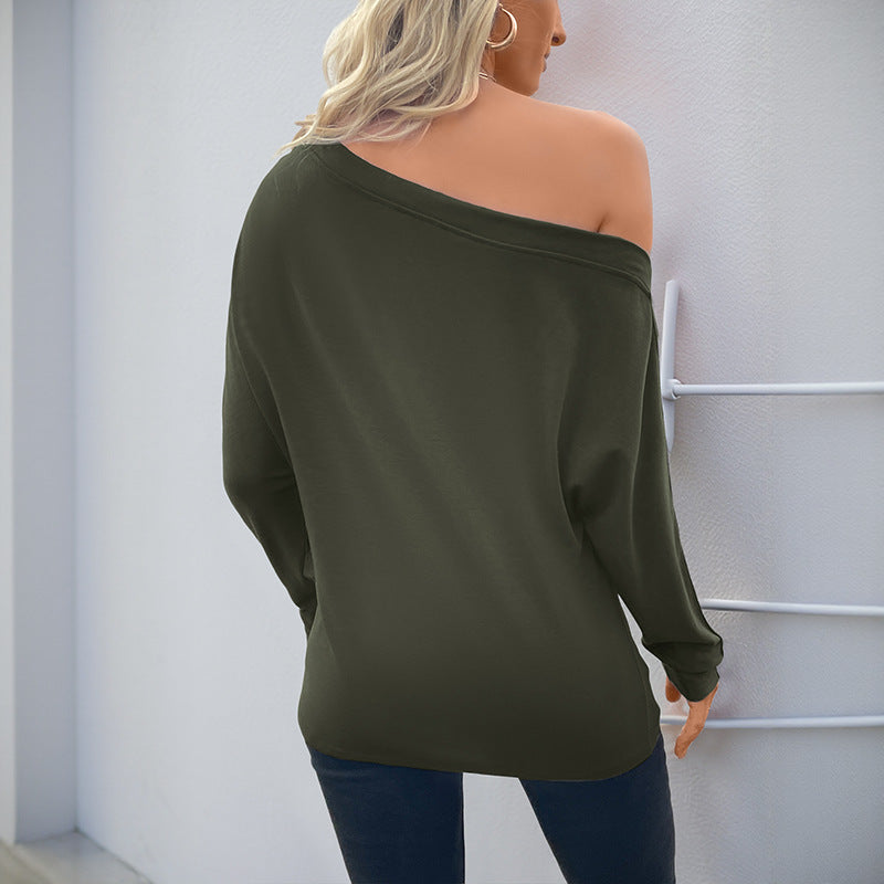 Damen Oversized schulterfreies Langarmshirt mit Fledermausärmeln und Knopfmanschetten Echoarchiv