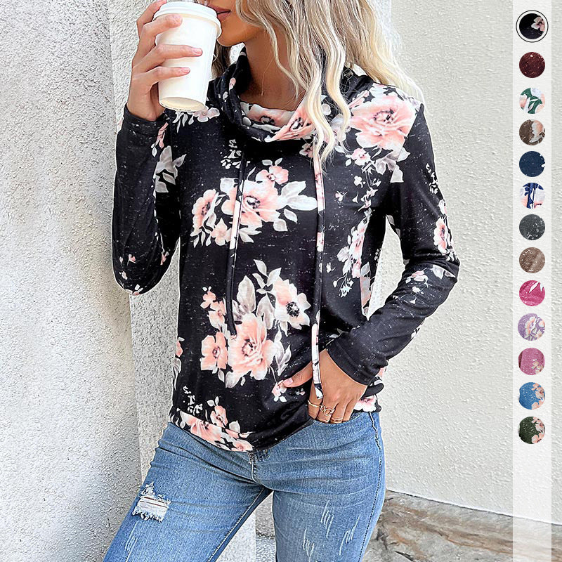 Damen Floraler Leichter Kapuzenpullover mit Wasserfallkragen und Tunnelzug Echoarchiv