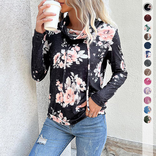 Damen Floraler Leichter Kapuzenpullover mit Wasserfallkragen und Tunnelzug Echoarchiv