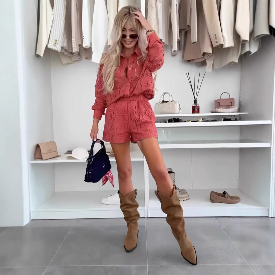 Damen nan gehäkeltes Ajour-Blusen- und Shorts-Set mit Hemdkragen und elastischem Taillenbund Echo Archiv