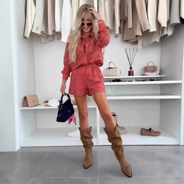 Damen nan gehäkeltes Ajour-Blusen- und Shorts-Set mit Hemdkragen und elastischem Taillenbund Echo Archiv