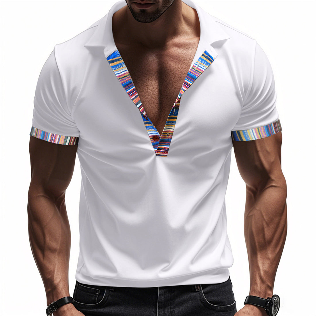 Herren Poloshirt mit modernem V-Ausschnitt und buntem Muster – Cavello