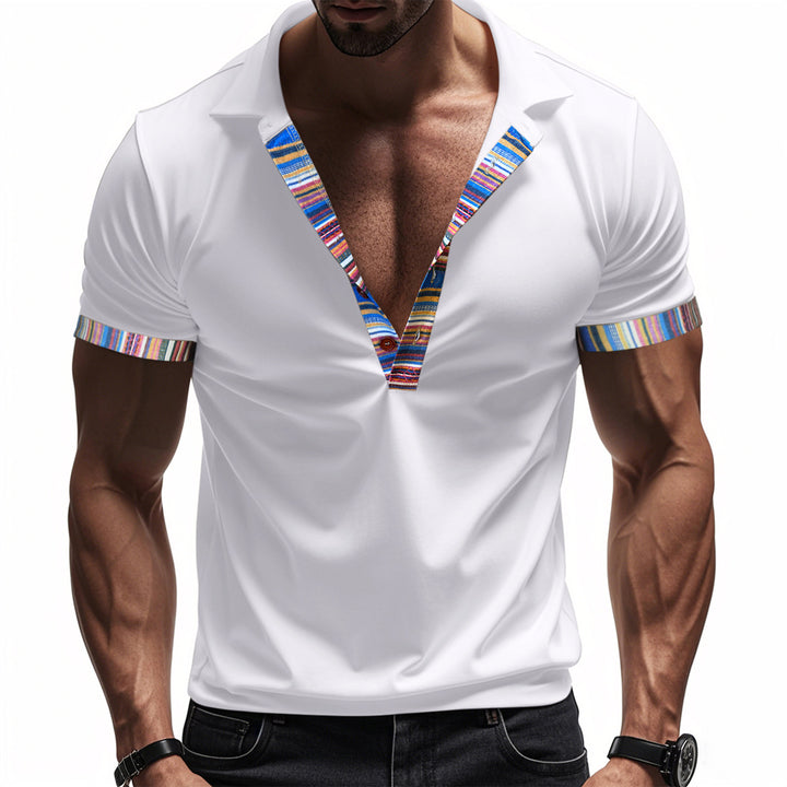 Herren Poloshirt mit modernem V-Ausschnitt und buntem Muster Echoarchiv