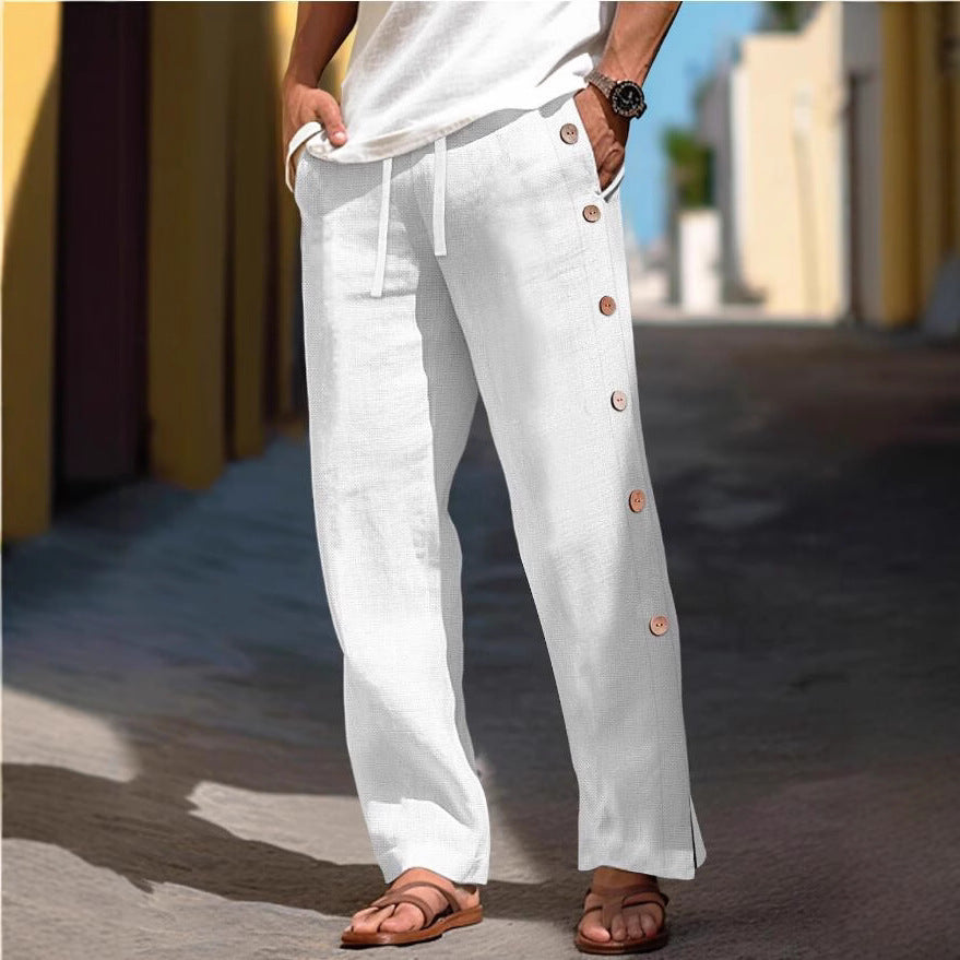 Herren Leinenhose mit seitlichen Knopfdetails und lockerer Passform Echoarchiv