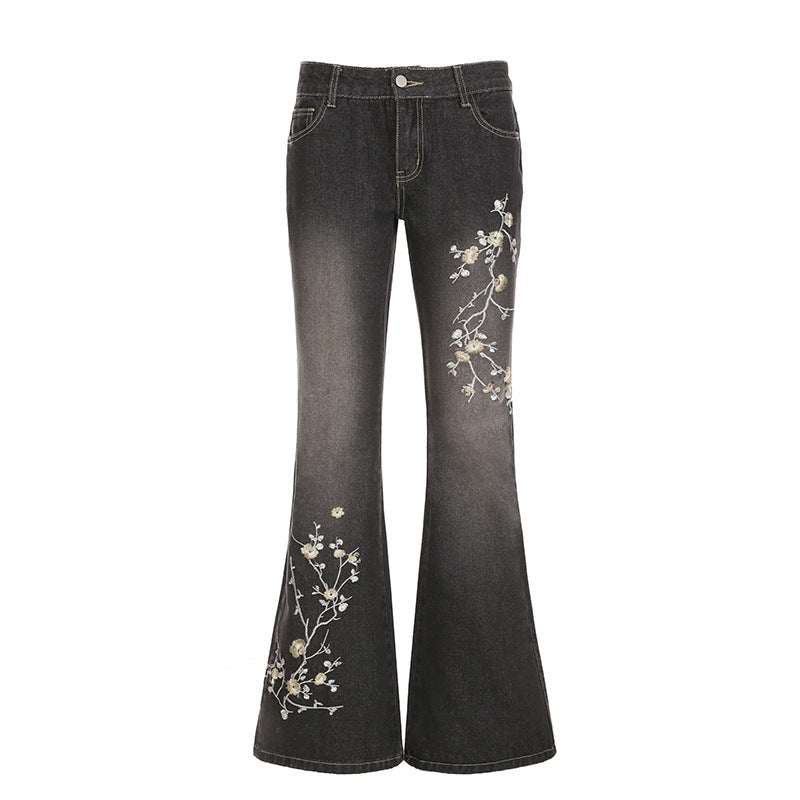 Damen Flared Jeans mit floralem Stickdesign und hohem Taillenbund Echo Archiv