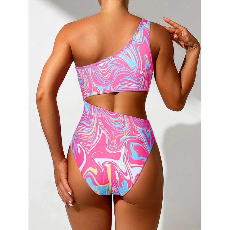 Damen One-Shoulder Bikini-Set mit buntem Muster und hohem Beinausschnitt Echo Archiv