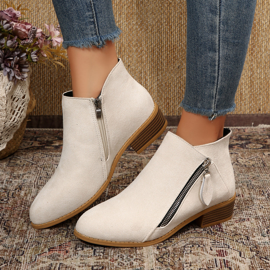 Damen Moderne Kurzschaft-Stiefelette mit sichtbarem Metallreißverschluss und niedriger Holzoptik-Blocksohle – Varelle