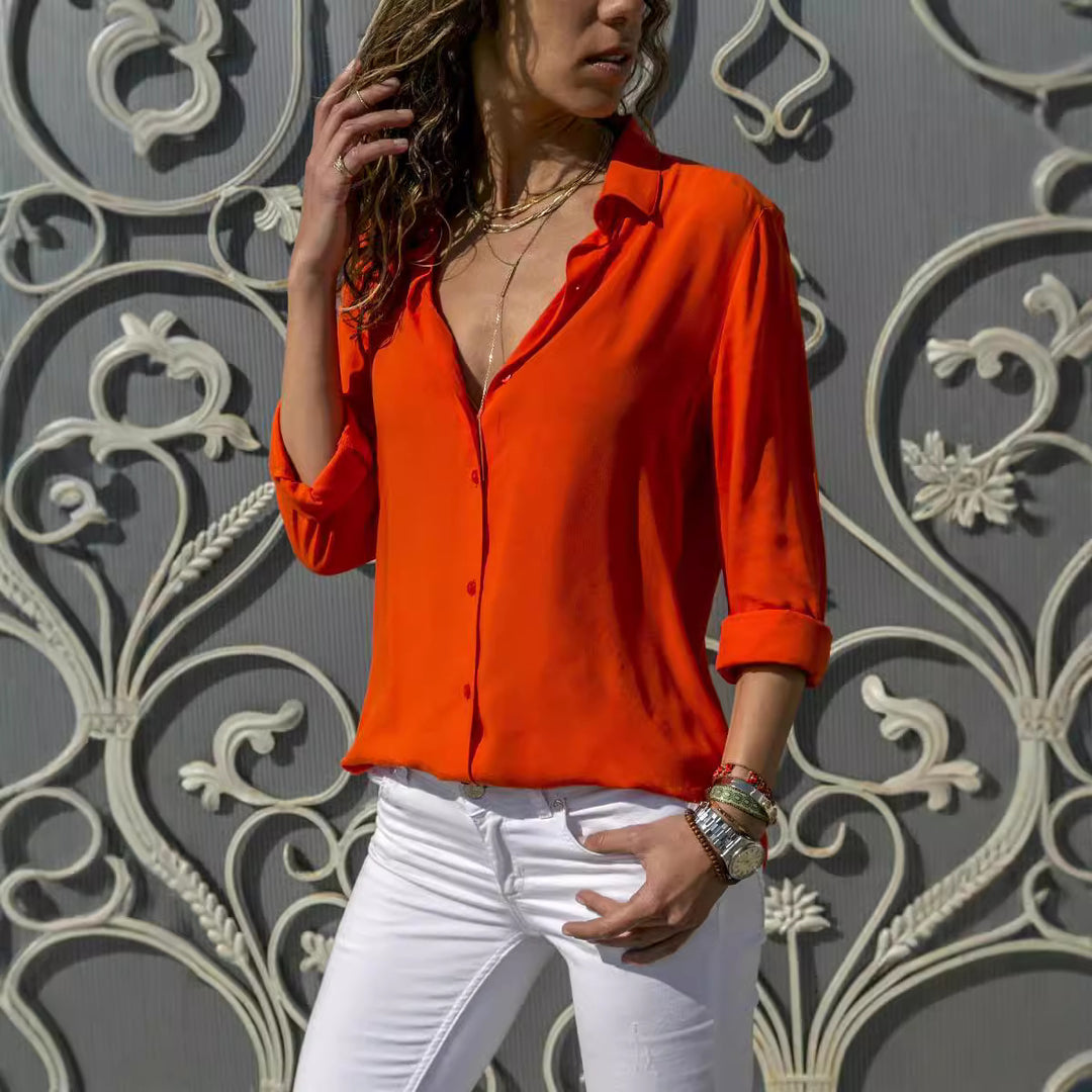 Damen nan lässige Viskose-Chiffon Bluse mit V-Ausschnitt und Umschlagärmeln Echo Archiv