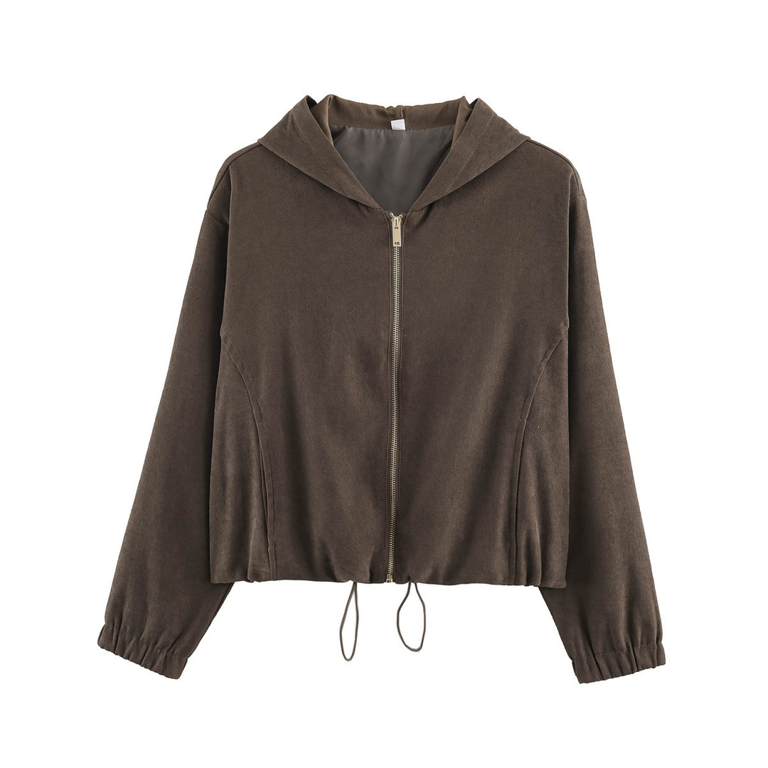 Damen Kurzjacke aus Velours‑Optik mit Kapuze, durchgehendem Reißverschluss und Tunnelzugsaum Echo Archiv