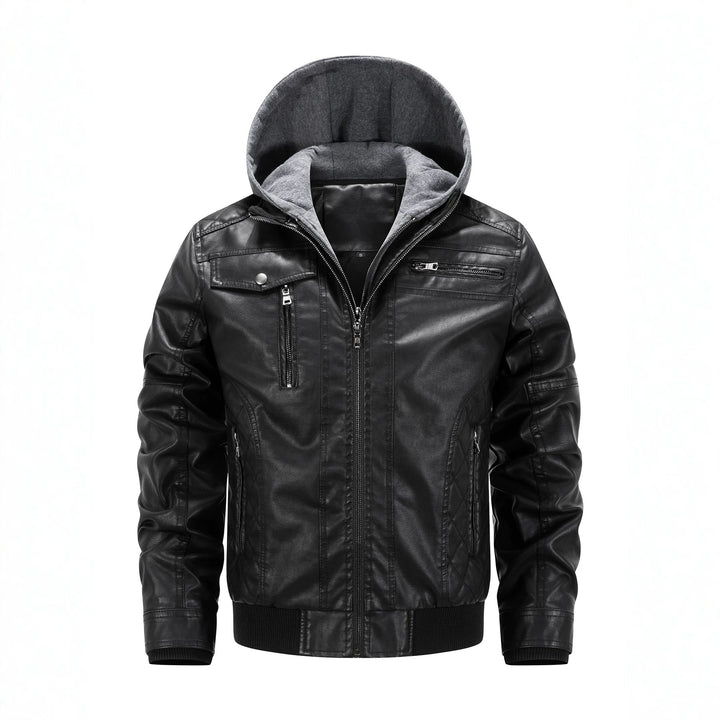 Herren Kunstleder-Bikerjacke mit abnehmbarer Kapuzenblende und gesteppter Seitenpartie Echoarchiv