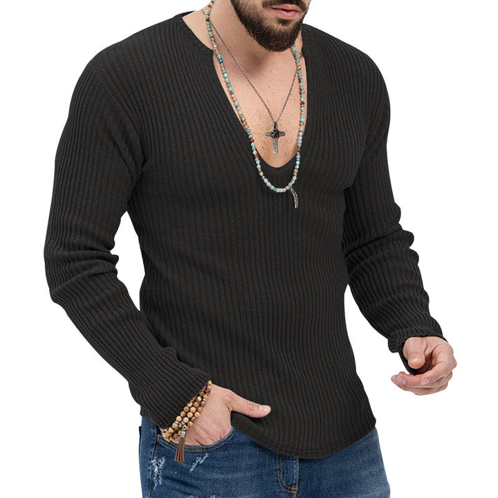 Herren Langarmshirt mit strukturiertem V-Ausschnitt und Rippdesign Echoarchiv
