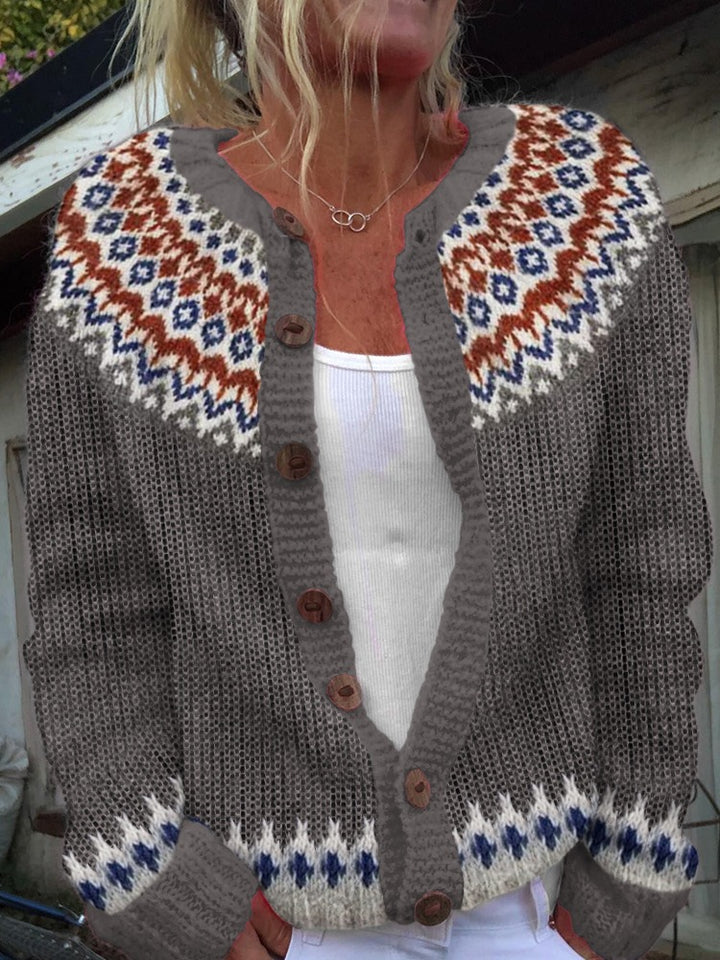 Damen nan gemusterte Strickjacke mit Rundpasse, Holzknöpfen und Eingrifftaschen Echo Archiv