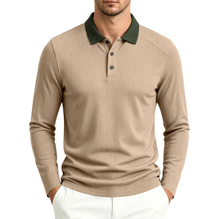 Herren Langarm-Poloshirt mit gerippter Kontrastkragen und feiner Waffelstruktur Echoarchiv