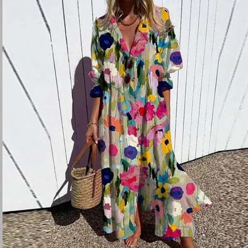Frauen Fließendes Maxikleid mit Durchgehendem Knopfverschluss V-Ausschnitt und Volksdruck Echoarchiv