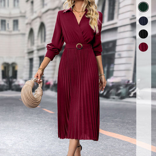 Damen Midi-Faltenkleid mit Wickeloberteil, Taillengürtel und Plissee-Rock Echoarchiv