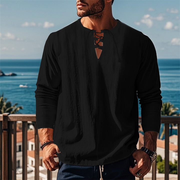 Herren modisches Langarmshirt mit Schnürung und V-Ausschnitt Echoarchiv
