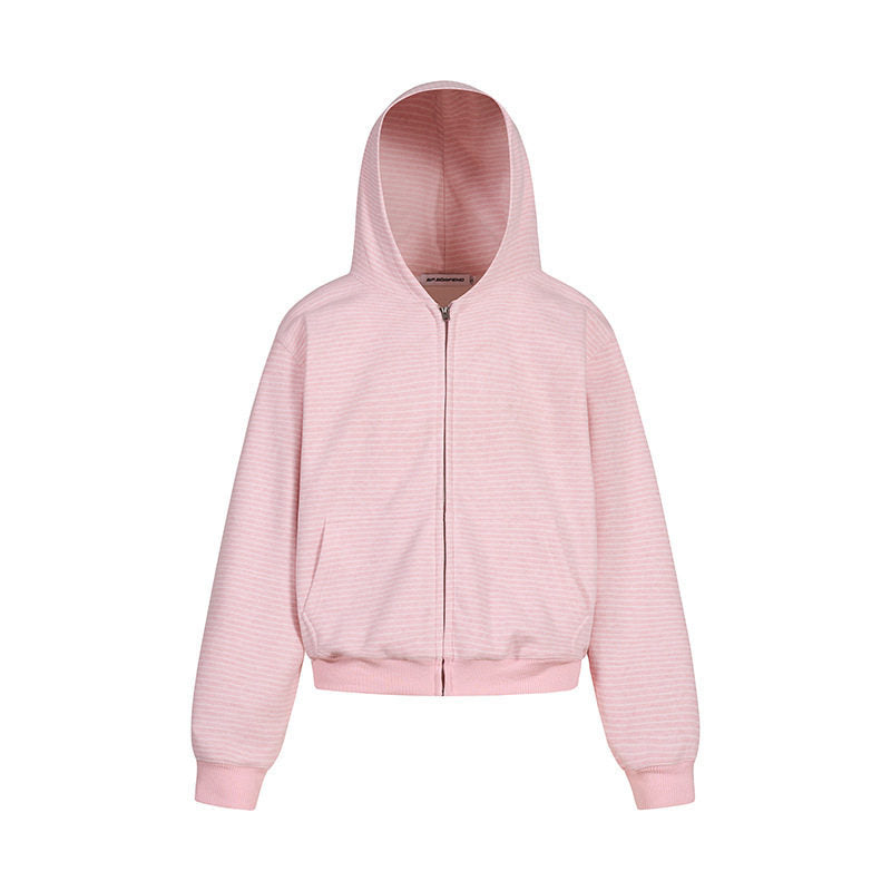 Damen Kurz geschnittene Kapuzen-Sweatjacke mit kurzem Bund, Streifenstruktur und Reißverschluss Echoarchiv
