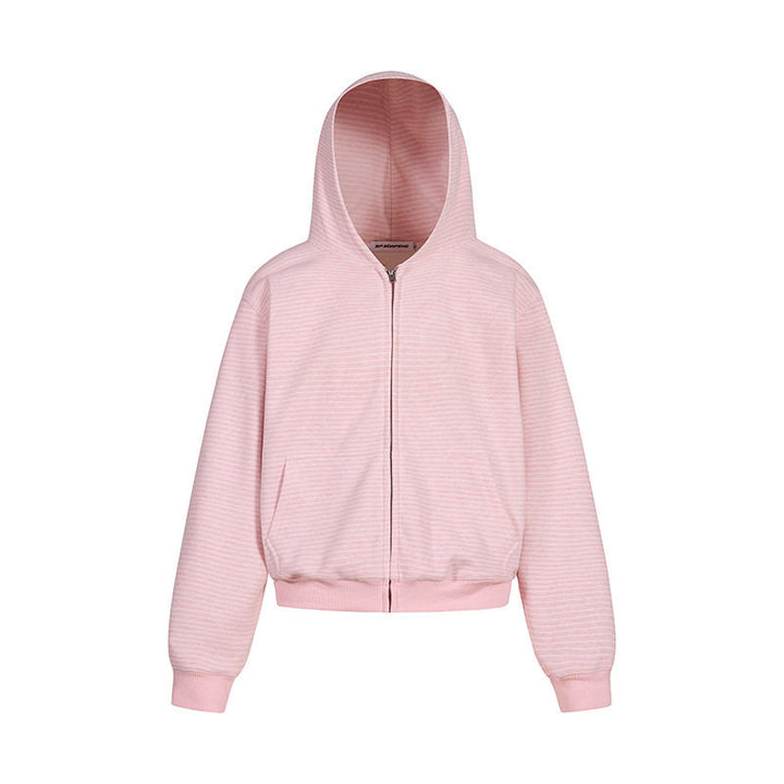 Damen Kurz geschnittene Kapuzen-Sweatjacke mit kurzem Bund, Streifenstruktur und Reißverschluss Echoarchiv