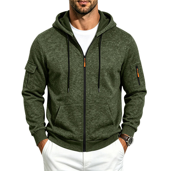 Herren Melierte Zip‑Hoodie‑Jacke mit Utility‑Ärmeltasche und Känguru‑Taschen Echoarchiv