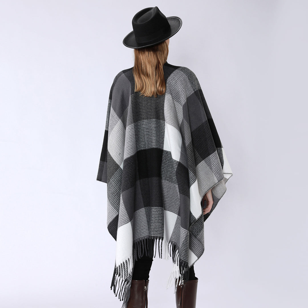 Damen Weichfallender Oversize-Poncho im Plaid-Webmuster mit V-Kragen und Fransensaum Echo Archiv