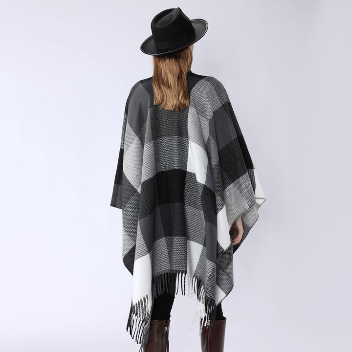 Damen Weichfallender Oversize-Poncho im Plaid-Webmuster mit V-Kragen und Fransensaum Echo Archiv