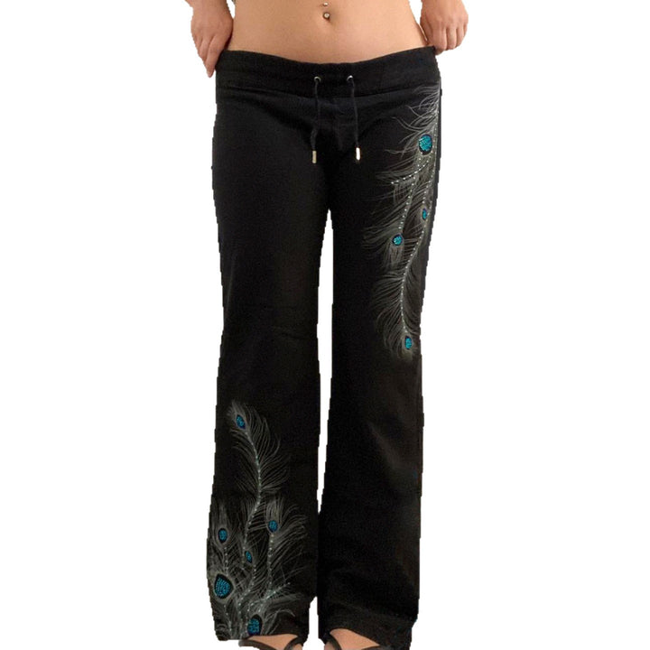 Damen nan weite Loungehose mit Kordelzug, hohem Komfortbund und Pfauenfeder-Print Echo Archiv
