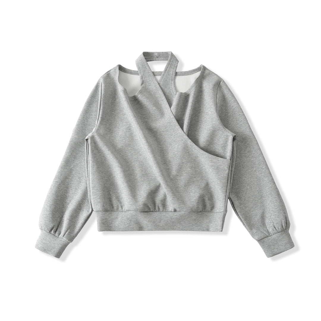 Damen Cropped Sweatshirt mit Neckholder, Cold-Shoulder und Wickeloptik Echoarchiv