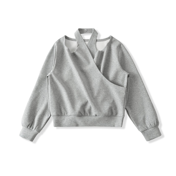 Damen Cropped Sweatshirt mit Neckholder, Cold-Shoulder und Wickeloptik Echoarchiv