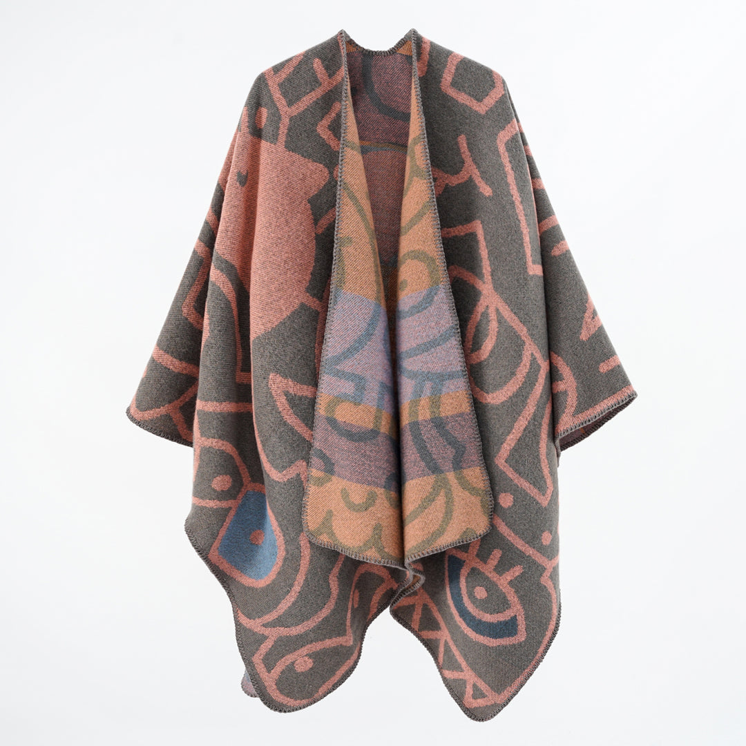 Damen Reversibler Strickponcho im Kuschel‑Umhang mit grafischem Jacquard – Veloura