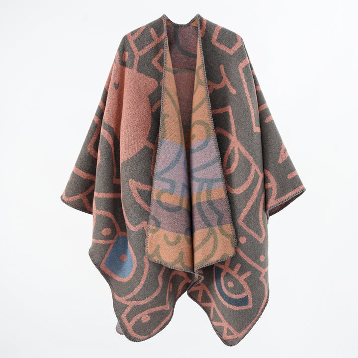 Damen Reversibler Strickponcho im Kuschel‑Umhang mit grafischem Jacquard – Veloura