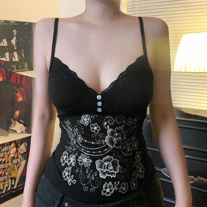 Damen Spitzentop mit floralem Design und dekorativen Knöpfen Echo Archiv