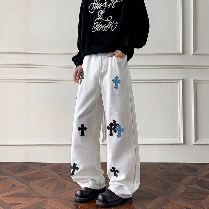 Damen Weitgeschnittene Denim-Hose mit kreativem Kreuzdesign Echoarchiv