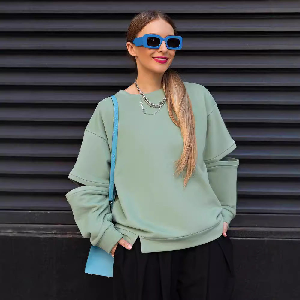 Damen Oversized Sweatshirt mit Layer-Ärmeln und seitlichem Schlitz Echoarchiv