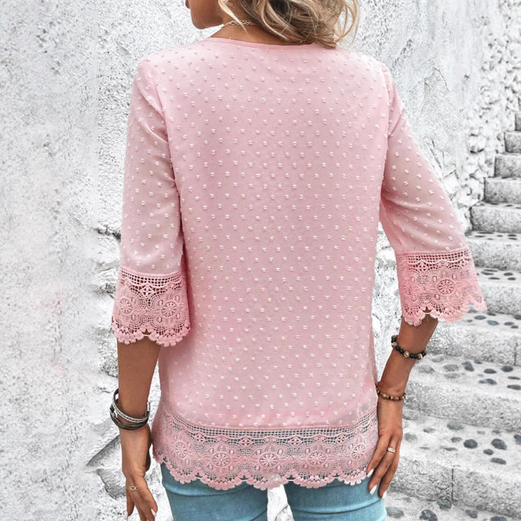 Damen nan feminine Chiffon-Tunika mit Pünktchenrelief, V-Ausschnitt und Häkelspitzenbesatz Echo Archiv
