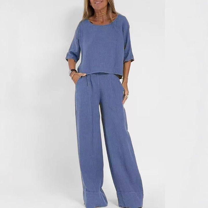 Damen luftiges Leinen-Ensemble mit weitem Schnitt und praktischen Taschen Echoarchiv