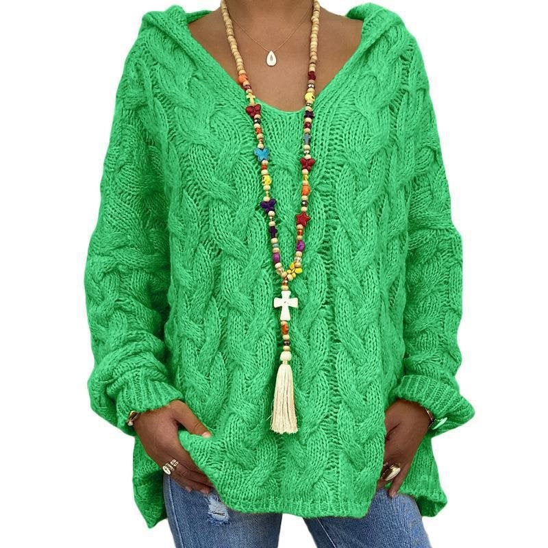 Damen Oversized Zopfmuster-Strickpullover mit Kapuze und lässigem V‑Ausschnitt Echo Archiv