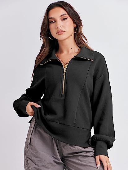 Damen Halb-Zip Kragen Entspannt Sweatshirt Pullover mit Rippbund und -manschetten Echoarchiv