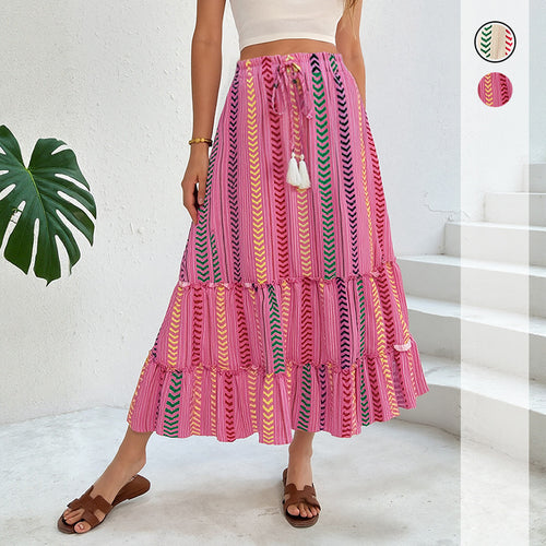 Damen Langer Stufen-Maxi-Rock mit Ethno-Streifen und Kordelbund Echoarchiv