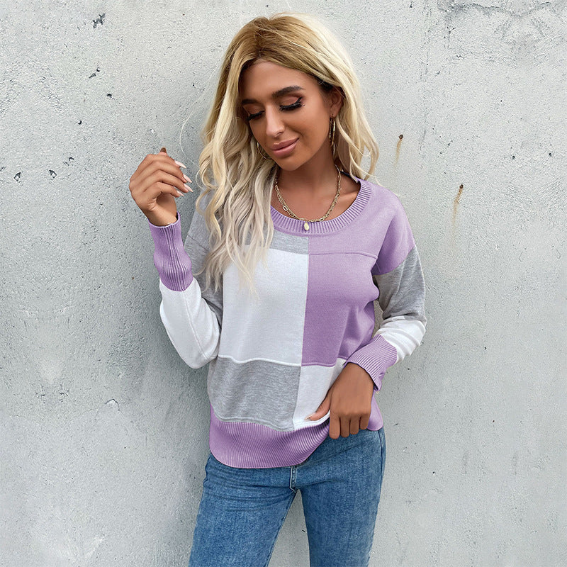 Damen Patchwork-Strickpullover mit kontrastierenden Feldern, Rundhalsausschnitt und gerippten Abschlüssen – Mavelle
