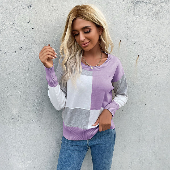 Damen Patchwork-Strickpullover mit kontrastierenden Feldern, Rundhalsausschnitt und gerippten Abschlüssen – Mavelle