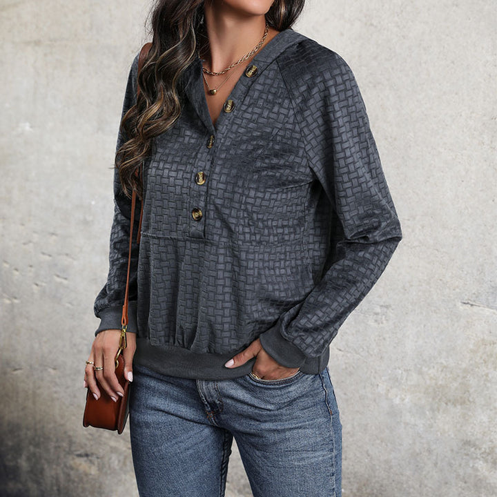 Damen Texturierter Kapuzenpullover mit Knopfleiste und Strukturmuster Echoarchiv
