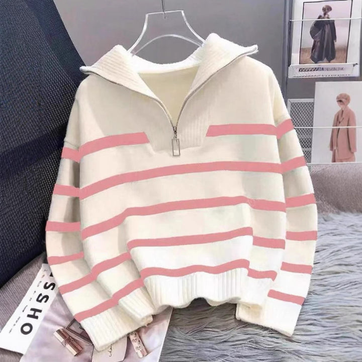 Damen Gestreifter Halb-Reißverschluss Strickpullover mit Rippenkragen – Mavelle