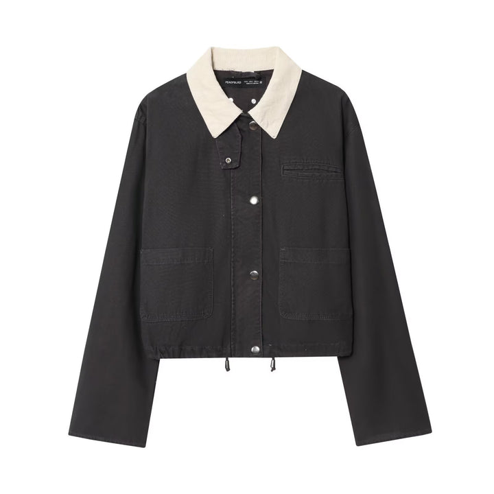 Damen Cropped-Workjacke mit Cordkragen, aufgesetzten Taschen und Tunnelzug Echoarchiv