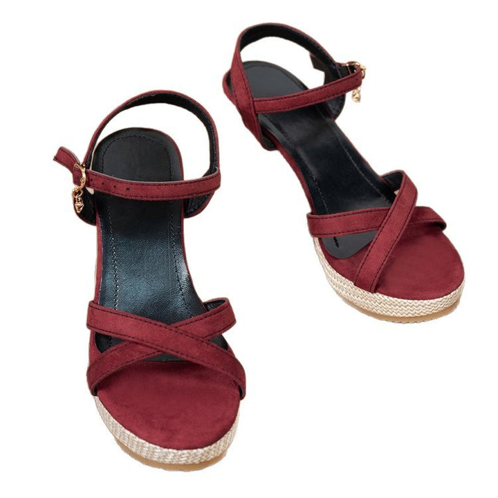 Damen Jeans-Optik Keilsandalen mit geflochtener Bastsohle und verstellbarem Knöchelriemen – Sorelia