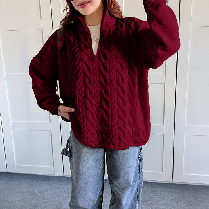 Damen nan oversized Zopfmuster-Troyer mit halbem Reißverschluss, hohem Stehkragen und gerundetem Saum Echo Archiv