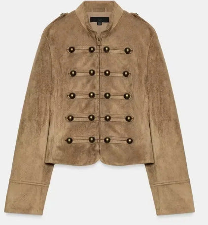 Damen Cropped Velourslederblouson im Military‑Look mit dekorativer Paradeknopfleiste Echo Archiv