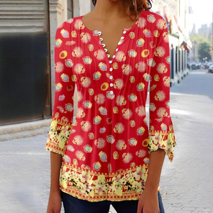 Damen nan leichte Boho-Bluse mit V-Ausschnitt, Zierfalten, Knopfleiste und dreiviertelärmeln Echo Archiv