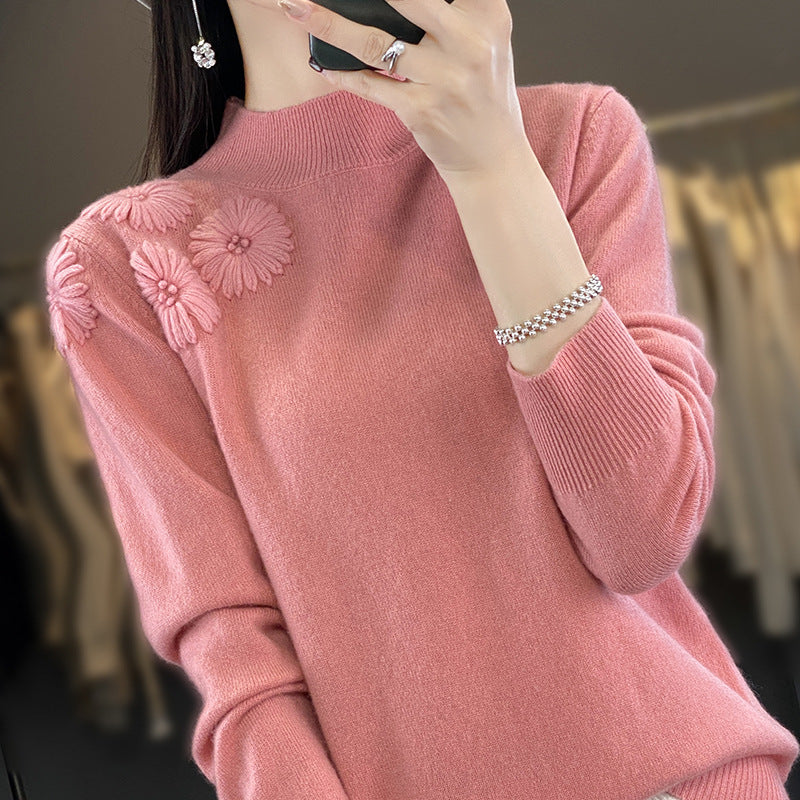 Damen Weicher Feinstrickpullover mit kurzem Stehkragen, 3D‑Blütenapplikation und gerippten Bündchen Echoarchiv