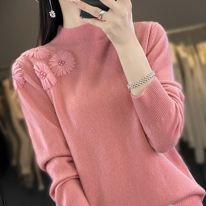 Damen Weicher Feinstrickpullover mit kurzem Stehkragen, 3D‑Blütenapplikation und gerippten Bündchen Echoarchiv