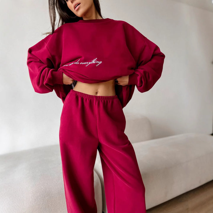 Damen Oversized Sweatshirt und hochgeschnittene Jogginghose Loungewear-Set aus weichem Baumwollfleece mit elastischem Bund – Avérine